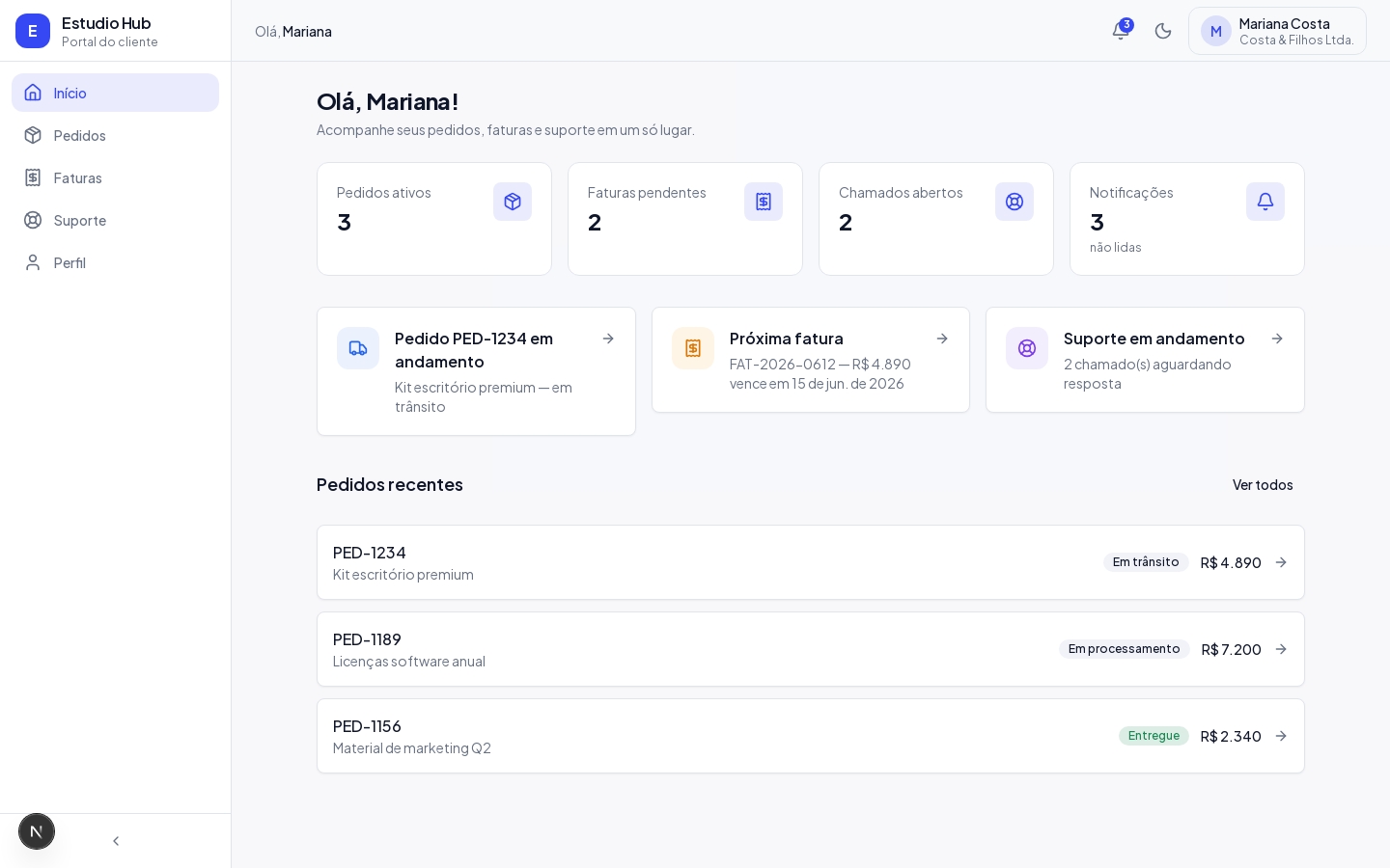 Estudio Hub — Portal do cliente — captura do projeto